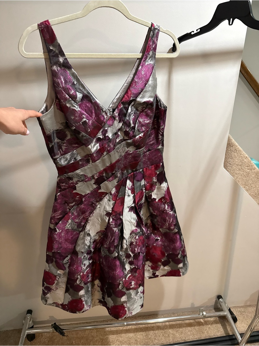White House Black Market Purple and Silver V-Neck Fit & Flare Mini Dress